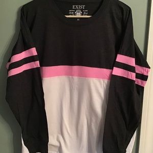 Exist Long Sleeve Tee, Charcoal Grey, Pink and White, Sz XL, EUC